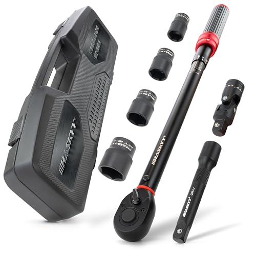 HASKYY Clé dynamométrique 1/2 40-220 Nm avec douilles 17 19 21 23 mm, joint universel, adaptateur d'extension inclus pour moto, voiture, quad