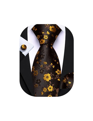 Barry.Wang Black Gold Tie for Men Floral Silk Necktie Pocket Square Cufflinks Set Formal Business Wedding Party Prom