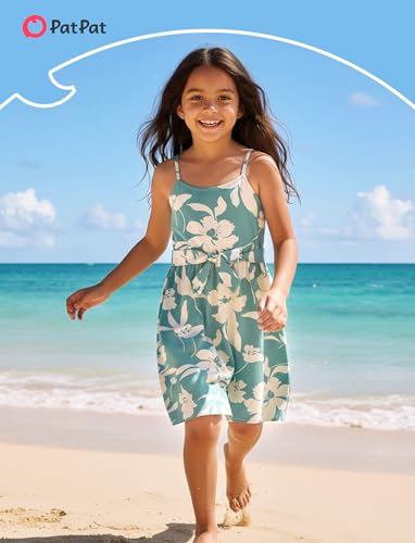 Image of PATPAT Family Matching Outfits Mommy and Me Dresses Hawaiian Tropical Vacation Beach Spaghetti Strap Dress and Shirt