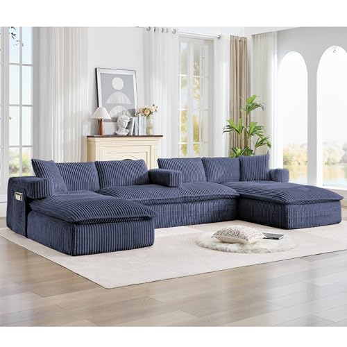 Image of Oversized Cloud Boneless Couch with Chaise, 149 inch Modern U Shape Modular Deep Seat Sectional Sofa, Comfy Corduroy Upholstered Couches for Living Room, No Assembly Required, Navy Blue