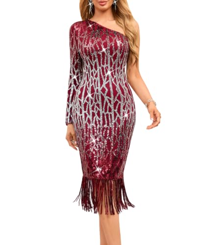 Image of dasmzper Women Sexy Sequin One Shoulder Long Sleeve Tassel Hem Bodycon Midi Dress Party Cocktail Dress