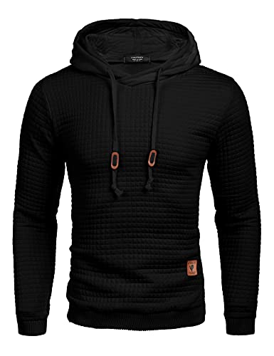 COOFANDY Herren Kapuzenpullover Hipster Gym Langarm Arbeitspullover Kordelzug Karierten Jacquard Pullover Hoodies Schwarz L