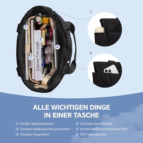befen Puffer Handtasche Damen Groß Shopper Tasche Tragbare 15.6' Laptop Tote Bag Sporttasche Reisetasche Mit Reißverschluss Trolley-Abdeckung für Arbeit, Reisen, Fitness (Schwarz)