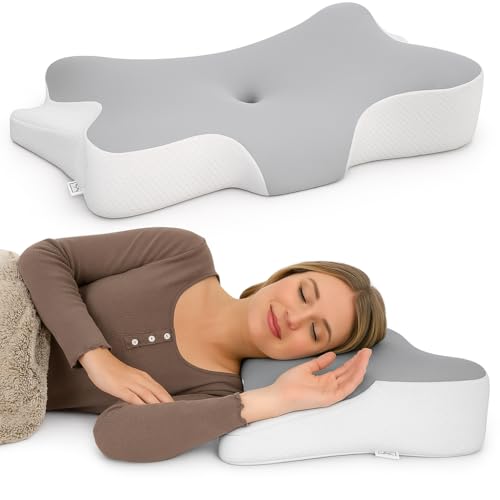 Lyvero Almofada cervical borboleta para alívio da dor no pescoço, travesseiro ergonômico de espuma viscoelástica para dormir, travesseiro ortopédico de contorno para dormindo lateral, costas e
