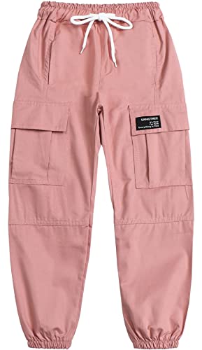 Sangtree Girls Cargo Pants, Elastic Waist Drawstring Loose Tapered Multi Pockets Cargo Jogger Pants For Girl, Pink, 11-12 Years Big Kid = Tag 160 #TOP1