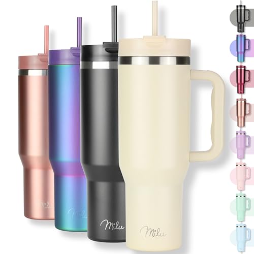 Milu Thermobecher 1200ml mit Strohhalm und Henkel – 48h Eis/24h kalt/12h heiß Edelstahl Tumbler 40oz mit Griff - Isolierbecher to go - Isolierflasche Trinkflasche doppelwandig isoliert (Beige, 1,2L) 1