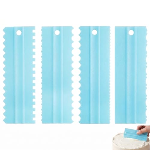 TEOZBLU Set van 4 taartschrapers en crèmeschrapers, taartgladders met gekartelde randen voor het versieren van bakproducten, keukengereedschap voor fondant en botercrème, blauw