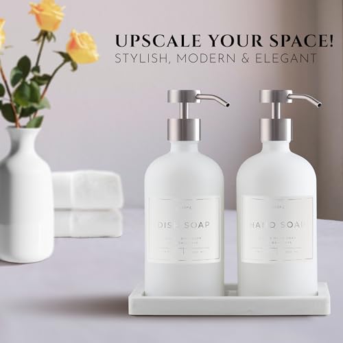 Glass Soap Dispenser Set of 2 (White) with Silicone Tray | Hand and Dish Soap Dispenser for Kitchen and Bathroom | 16.8 Oz Glass Bottles with Stainless Steel Pump & 15 Waterproof Labels (White/Silver) - image 2