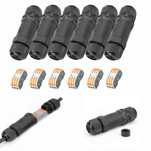 6 Stück IP68 wasserdichter Kabelverbinder, Anschlussdose für den Außenbereich, YUSHIHU wasserdichtes Gehäuse für den Außenbereich, 3 Wege und Hebelklemmen, für Kabel Ø 6 bis 11 mm, 6 Stück