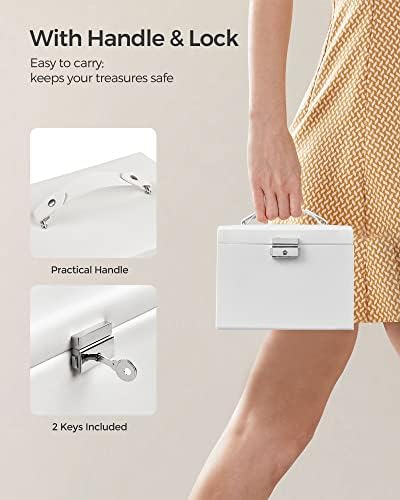 SONGMICS 3-Tier Jewellery Box, Travel Jewellery Case with Handle, 2 Drawers, Lockable Jewellery Organiser with Mirror, Jewellery Storage, Modern Style, Gift for Loved Ones, White JBC154W01