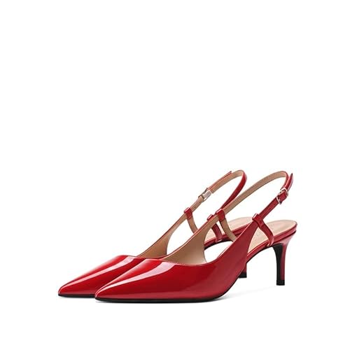 GOXEOU Zapatos de tacón de mujer charol Slingback punta puntiaguda Stiletto tacones altos fiesta moda oficina señoras sandalias, Tacón rojo de 2,4 pulgadas, 36 EU Cover