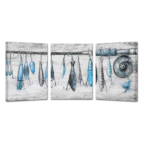 KREATIVE ARTS 3-Piece Vintage Fishing Rod Canvas Wall Art Set,