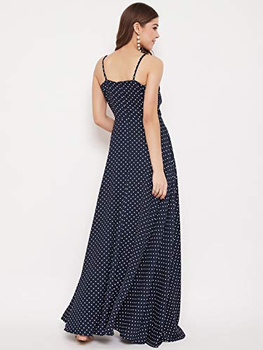 Image of Berrylush Navy Blue Polka Dot Print V Neck Maxi Dress Navy Blue Small