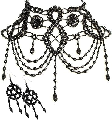 La ViviaHandmade Beaded Choker Necklace, Sead Beads Native American Style Victorian Nekclace for Women, Black Antique Beaded Necklace Earrings Set.