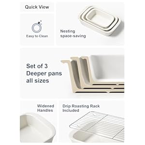Le tauci deep casserole dishes for oven 137×96 ceramic baking dish set with roasting racks large lasagna pans with handles rectangular bakeware as gift white 46qt30qt16qt set of 3  urban country home decor