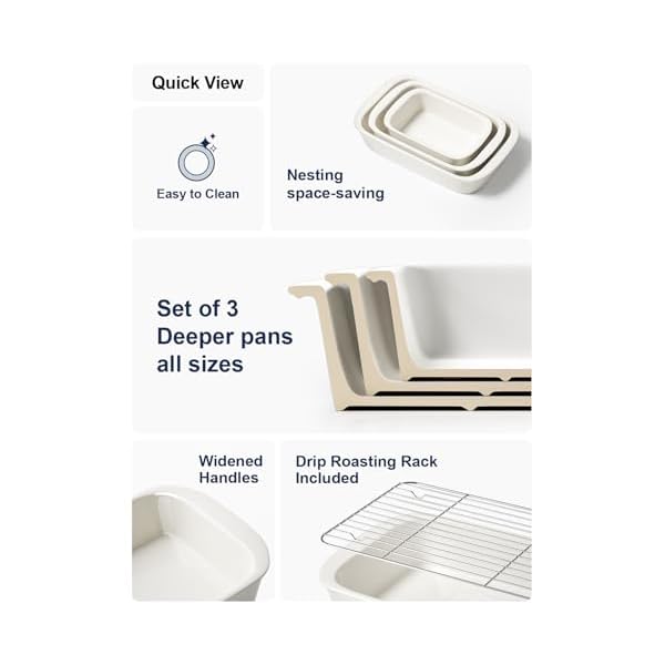 Le tauci deep casserole dishes for oven 137×96 ceramic baking dish set with roasting racks large lasagna pans with handles rectangular bakeware as gift white 46qt30qt16qt set of 3  urban country home decor