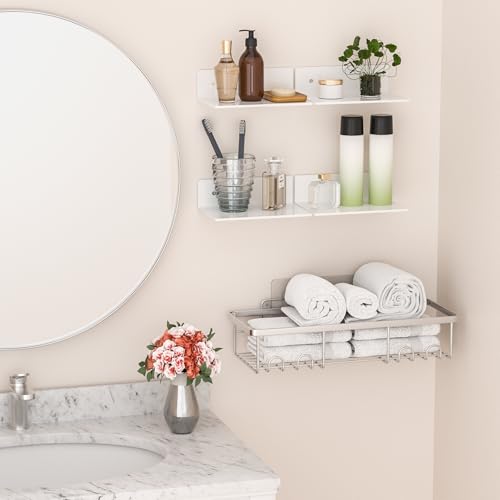 Image of Hexsohoma 9 Inches White Floating Shelves, Acrylic Wall Shelves for Living Room, Bedroom, Bathroom, Kitchen, Office, Brand Store, Retails, Gaming Room, 4 Pack