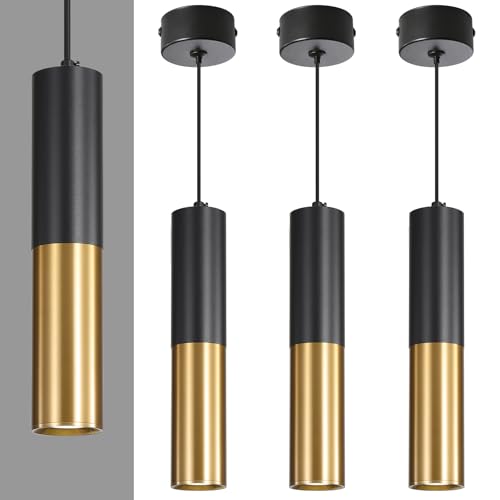 Mikeru GU10 Brass Gold Pendant Lights (Bulb Included), Modern Hanging 3 Color Temperature 3000k/4500k/6500k Cylindrical Pendant Light, Height Adjustable Bedside Pendant for Bedroom, Cafe, 3pack