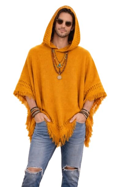manra Men's Woolen Hooded Neck Solid Frill Poncho with Cap for Winter (M, MUSTARD)-picture-39