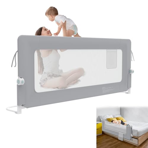 YRHome 180cm Bettgitter Rausfallschutz klappbar 180 Grad drehbar Bettschutzgitter für Kleinkinder luftiges Netz, Höhenverstellbar Rausfallschutz Bett für Kinderbett, Elternbett (Dunkelgrau+Hellgrau)