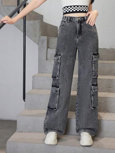 SweatyRocks Calça jeans feminina casual elástica com zíper e perna reta jeans cargo com bolso, Cinza