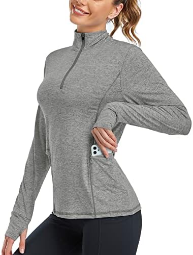 Misyula Style Golf Shirts for Women Quarter Zip Pullover with Thumbholes Deep Pockets Dry Fit Sweat Wicking Athleisure Clothes Comfy Home Gym Wear, Grey L