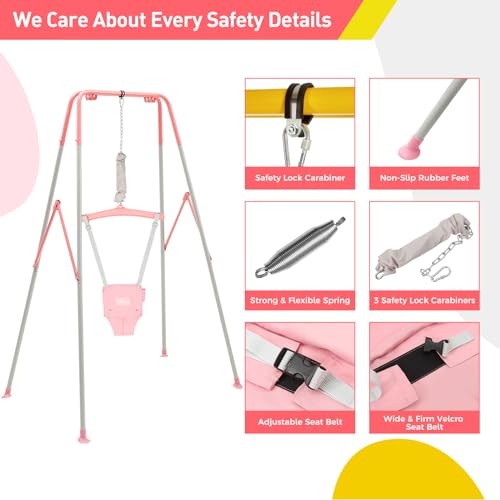 FUNLIO 2 in 1 Swing Set for Toddler & Baby Jumper, Heavy Duty Kids Swing & Bouncer with 4 Sandbags, Foldable Metal Stand for Indoor/Outdoor Play, Easy to Assemble and Store - Pink by FUNLIO - Image 5