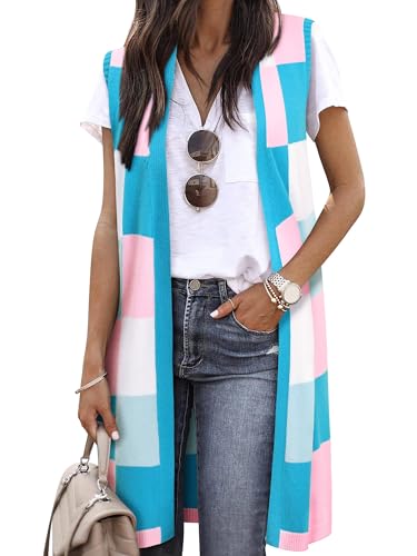 ZXZY Womens Sleeveless Cardigan Fashion Contrast Color Block Plaid Cute Lightweight Knit Long Vest