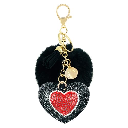 JK Home Bling Rhinestone Heart Keychains Soft Pompom Fluffy Ball Keyrings With Storage Box, Charms Glitter I Love YOU Crystal Tassel Key Ring Plush Pom Pom Hang Pendant Key Holder Black