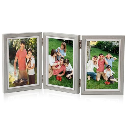 TESSTSY Marco Triple de Madera, Marcos de Fotos 10x15 cm, Marcos Fotos Multiples, Marco de Fotos de Madera con Placa Acrílica, Marco Fotos Doblar, para Cumpleaños, Bodas, Navidad (Gris)