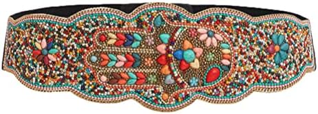 FASUND Bohemian Women Elastic Waist Belt Ethnic Beaded Flower Wide Waist Chain Strech Cinch Belt for Dresses