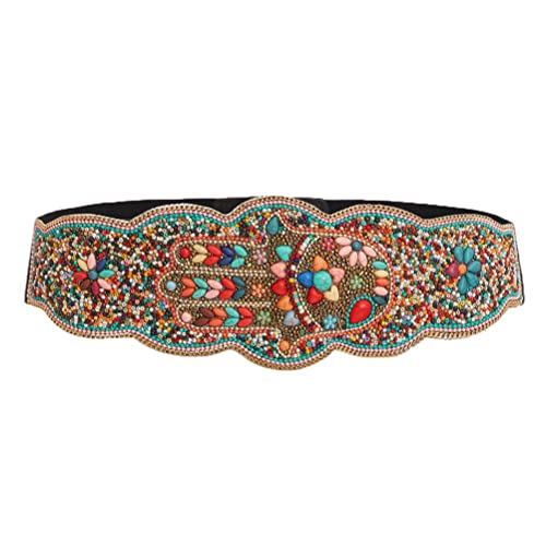 Bohemian Women Elastic Waist Belt Ethnic Beaded Flower Wide Waist Chain Strech Cinch Belt for Dresses