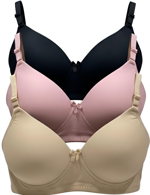Image of Women's Nylon Lycra Lightly Padded Full Coverage Wirefree T-Shirt Bra Combo Pack of 3