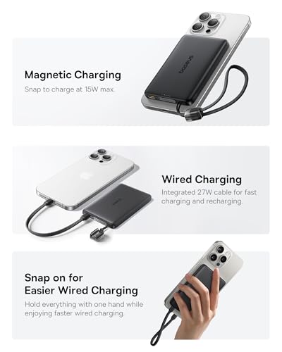 Image of Baseus Picogo Qi2 15W Magsafe Portable Charger, 0.5 inch Ultra Slim 10000mAh Wireless Power Bank with 27W Built-in USB-C Cable, Magnetic Battery Pack for iPhone 17 Pro Max /17 Pro /Air /16 /15 /14 /13 /12