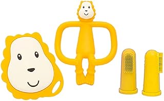 Matchstick Monkey, Antimicrobial Teething Starter Set - 1 Flat Face Teether, 1 Animal Teether, 2 Silicone Finger Toothbrushes, 3 Months Old+, Gigi Giraffe