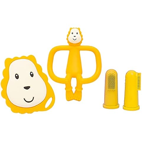 Matchstick Monkey, Antimicrobial Teething Starter Set - 1 Flat Face Teether, 1 Animal Teether, 2 Silicone Finger Toothbrushes, 3 Months Old+, Ludo Lion Cover
