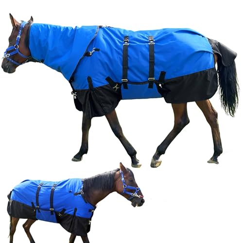 Horse Turnout Blanket, Heavy Weight Horses Blanket with 300g Poly Filling, Neck Cover & Belly Wrap, 1680D Waterproof Winter Blankets for Horses (Blue, US72 in(EU 135 cm))