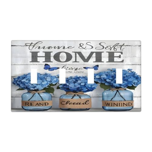 Decorative Light Switch Cover Plate Blue Flower Bottles Wood Plank 4 Gang Wall Plate Oversized Quad Toggle Switch Cover Plate Jumbo Faceplate for Bedroom Decor