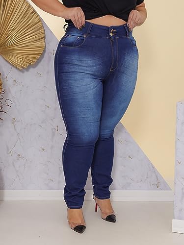 Calça Feminina Jeans Skinny Simples com Risco Plus Size Tamanho:56;Cor:Azul
