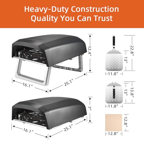 Commercial Chef Outdoor Gas Pizza Oven – Portable Propane Pizza Maker with Door, Peel, Stone, Cutter, and Cover - L-Shaped Burner, Foldable Legs