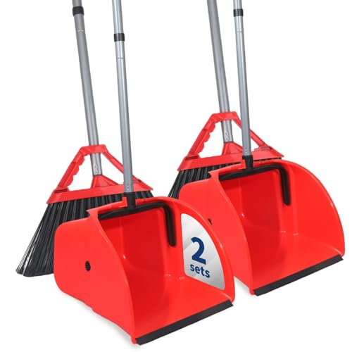 Commercial Broom and Dustpan Set Jumbo Lobby Debris Dustpan (14inch*14inch) Heavy Duty Broom (14inch Width) 2 Sets Red for Indoor and Outdoor Cleaning Red