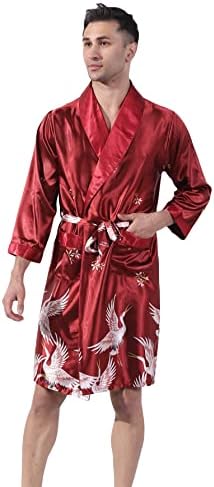 WDIRARA Men's Satin Robe Floral Long Sleeve Wrap Belted Long Sleep Silk Bathrobe Crane Print Burgundy M