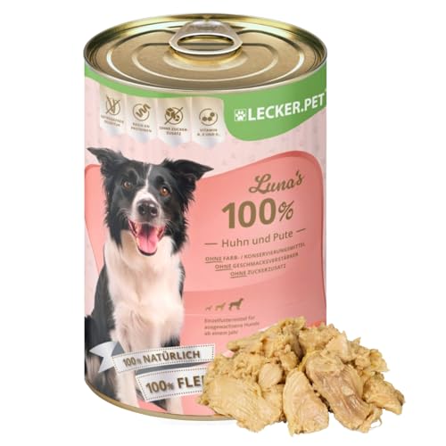 Lecker.Pet® | 6 x 400 g Luna's 100% Huhn und Pute Hunde Nassfutter | Hochwertiges Hundefutter | Natürlich & ohne Zusatzstoffe | Reich an Proteinen & Mineralien | Glutenfrei & ohne Zuckerzusatz