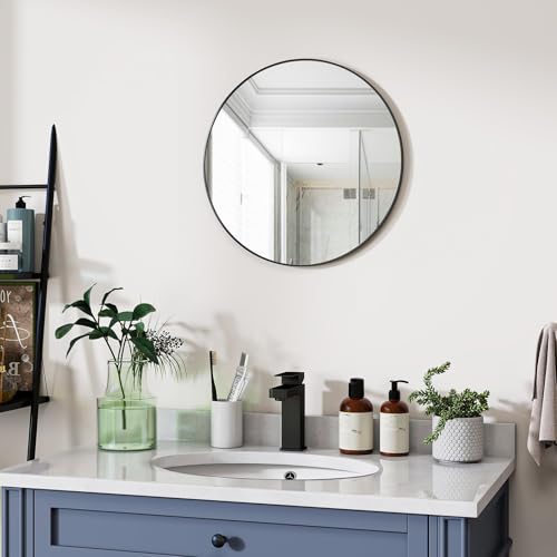 Image of VooBang Black Round Bathroom Mirror, 20 inch Circle Wall Mounted Hanging Mirror with Simple Modern Circular Metal Frame for Hallway, Entryway, Living Room, Black Frame