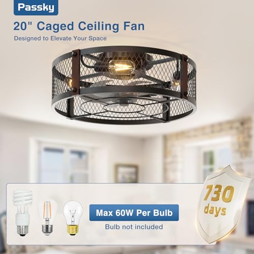 Image of Passky 20 inch Farmhouse Flush Mount Ceiling Fans with Lights and Remote, Industrial Black Caged Low Profile Fandelier, 6 Speeds Bladeless Ceiling Fan for Bedroom, Kitchen, Living Room