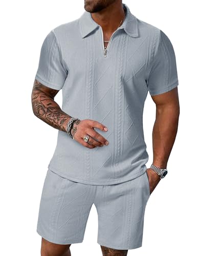 Men's Short Sets 2 Piece Summer Outfits Zip Tracksuits Polo Shirt and Drawstring Shorts Set S-2XL