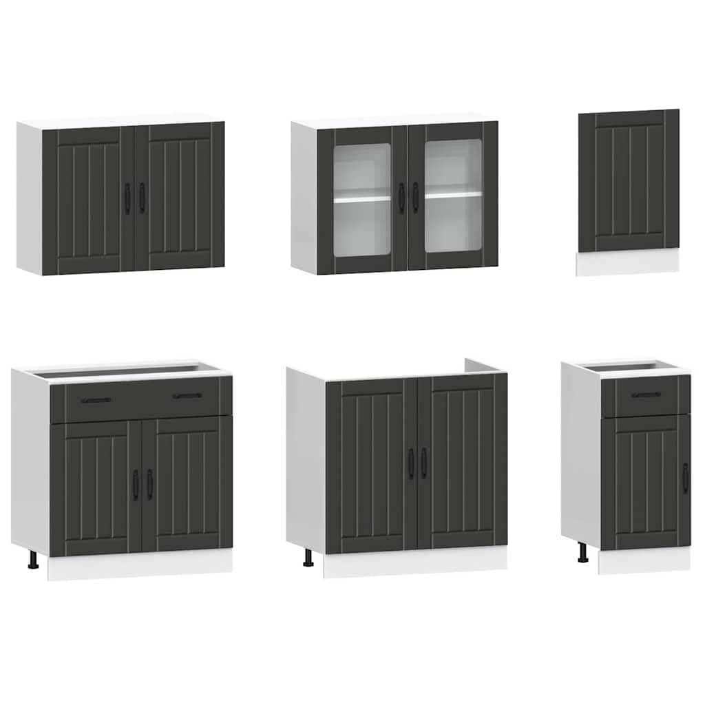 Set di 7 mobili da cucina Kalmar in legno nero con pensile, mobiletto inferiore e dispensa, piano di lavoro e piedini regolabili per risparmiare spazio