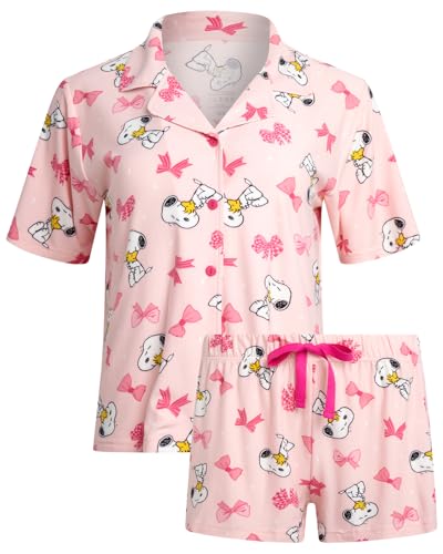 Image of COCO BRANDS Peanuts Snoopy Womens Pajama Set - 2 Piece Short Sleeve Button Down Sleep Shirt and Pajama Shorts