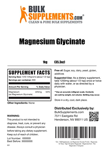 Bulksupplements.com Magnesium Glycinate Powder - Pure Magnesium Glycinate - Magnesium Bisglycinate Powder - Magnesium Glycinate For Sleep - 1250Mg (225Mg Magnesium) Per Serving (1 Kilogram - 2.2 Lbs) #TOP1