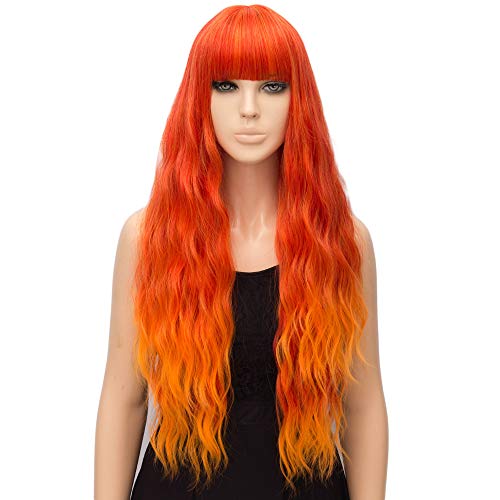 netgo Organge Fire Wig for Women Long Wavy Heat Resistant Fiber Wigs Side Bangs Cosplay Party
